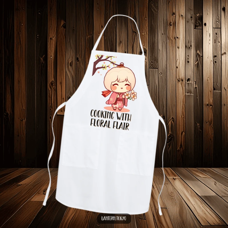 Funny apron showcasing a blushing dango lantern in a kimono offering a delicate flower, adding a touch of sweet hospitality.