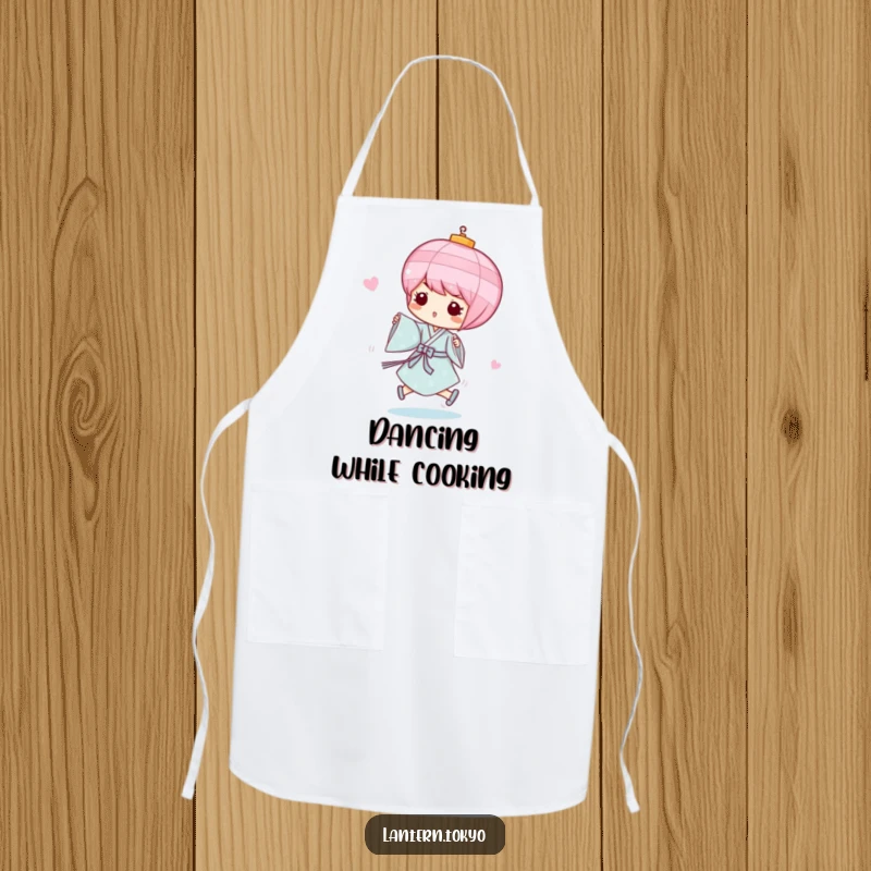 Funny Pink Lantern Apron with a whimsical pink lantern in a light blue kimono, playfully skipping, adding humorous fun to cooking. A great funny gift.