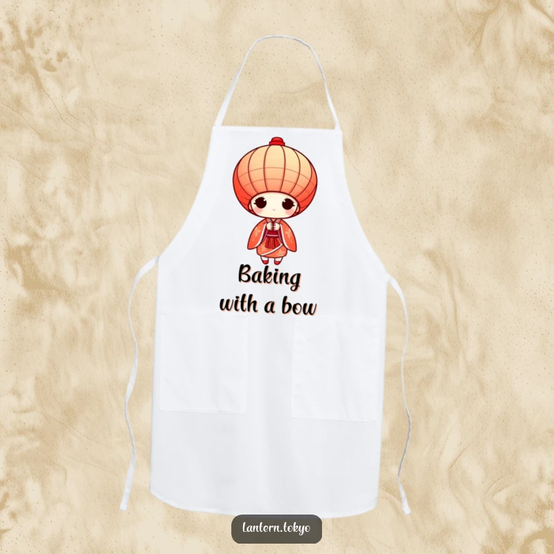 Funny red conical lantern in a detailed kimono bowing gracefully, a humorous apron for cooking and kitchen fun.