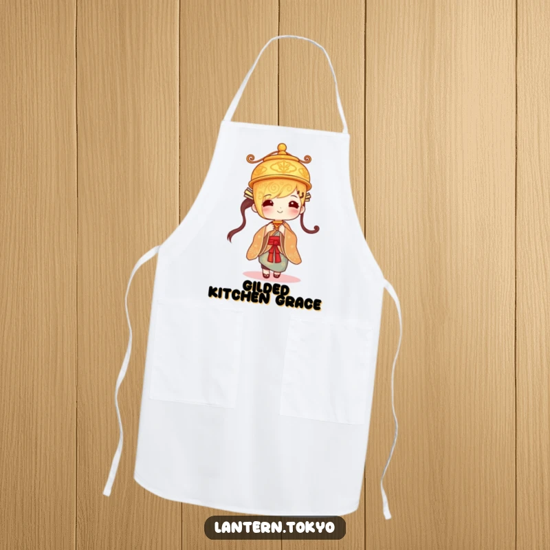Funny golden lantern with intricate designs gently swaying in a kimono, a humorous and elegant apron for the kitchen.
