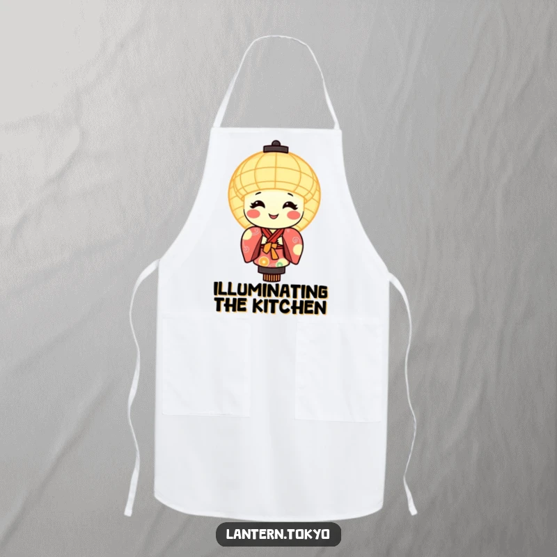 Funny apron featuring a smiling, glowing lantern character wearing a colorful kimono, ready for kitchen duties.