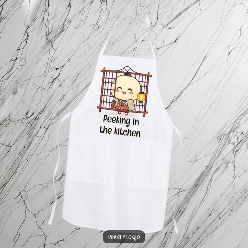Funny apron showcasing a smiling rice ball lantern in a kimono playfully peeking from behind a screen, adding fun to meal prep.