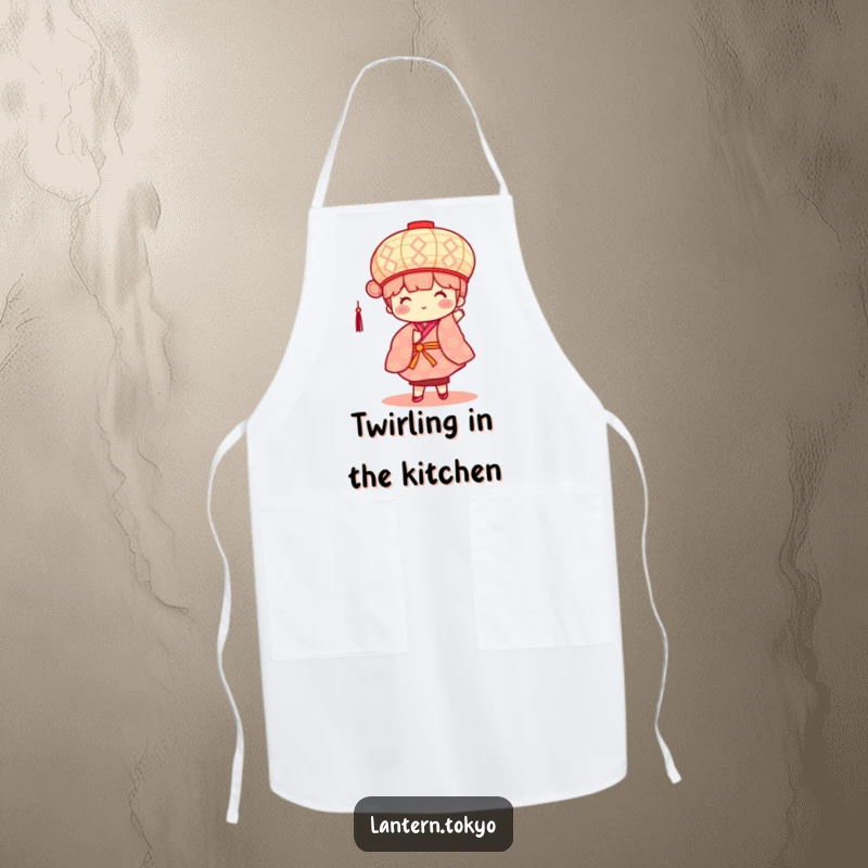Funny apron featuring a square, patterned lantern with rosy cheeks, dancing in a kimono while cooking.