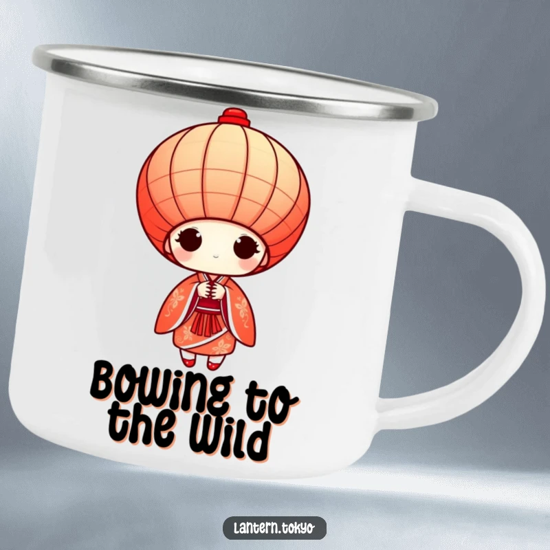 Funny red conical lantern in a detailed kimono bowing gracefully, a durable camping mug for outdoor adventures and laughter.