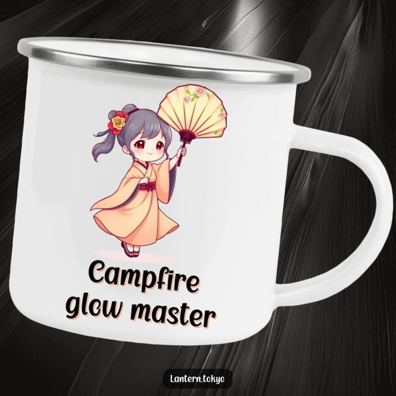 Funny camping mug featuring an elegant lantern character in a kimono twirling a floral fan, perfect for artistic outdoor enthusiasts.