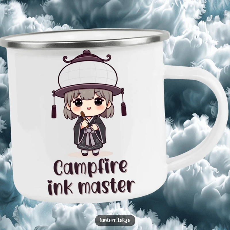 Funny White Lantern Camping Mug with a black kimono artist holding a brush, designed for outdoor adventures and humorous inspiration. A great funny gift.