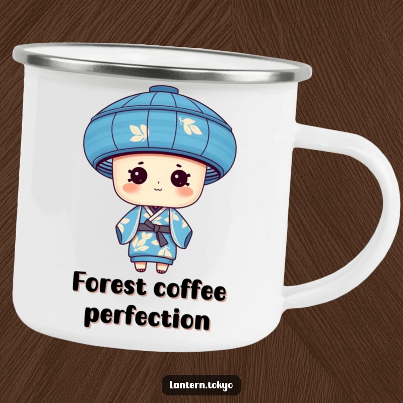 Funny blue cylindrical lantern with leafy patterns wearing a silk kimono, a humorous camping mug for outdoor enthusiasts.