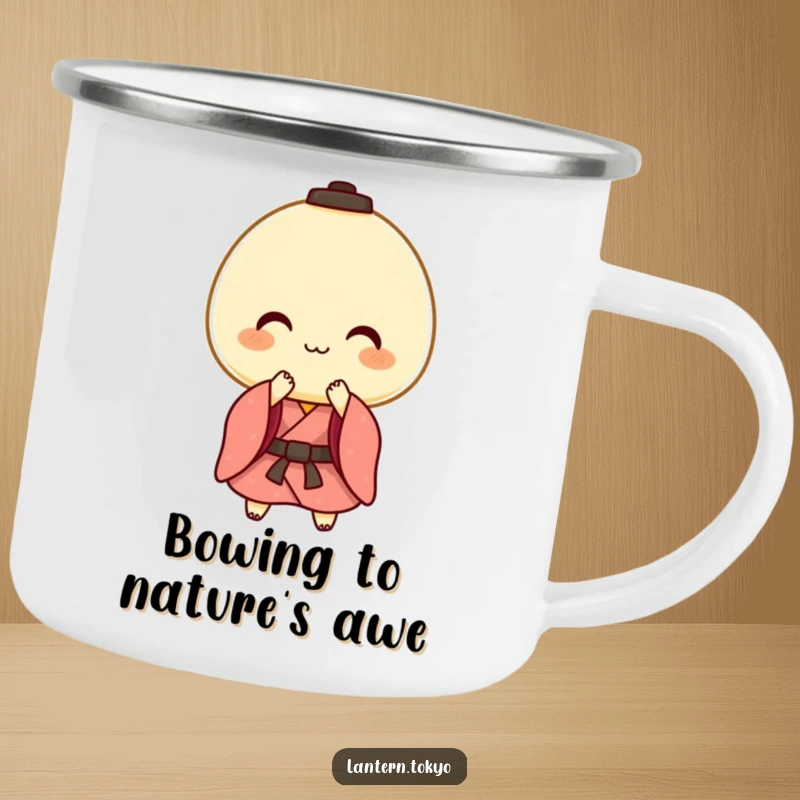 Funny camping mug featuring a cheerful mochi lantern in a kimono performing a gentle bow, perfect for outdoor greetings and smiles.