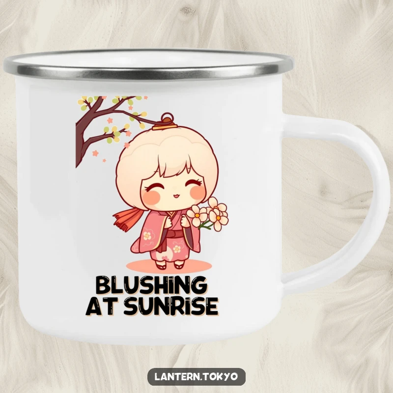 Funny camping mug featuring a blushing dango lantern in a kimono offering a delicate flower, perfect for outdoor sweetness and charm.