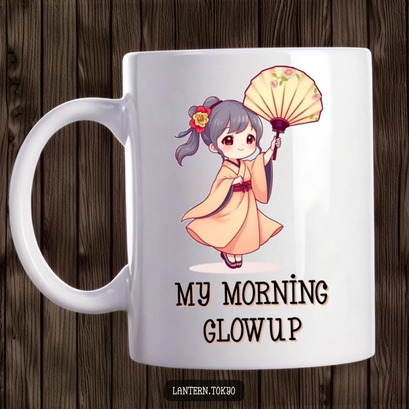 Funny mug showing an elegant lantern character in a flowing kimono gracefully twirling a delicate floral fan, exuding serene beauty.