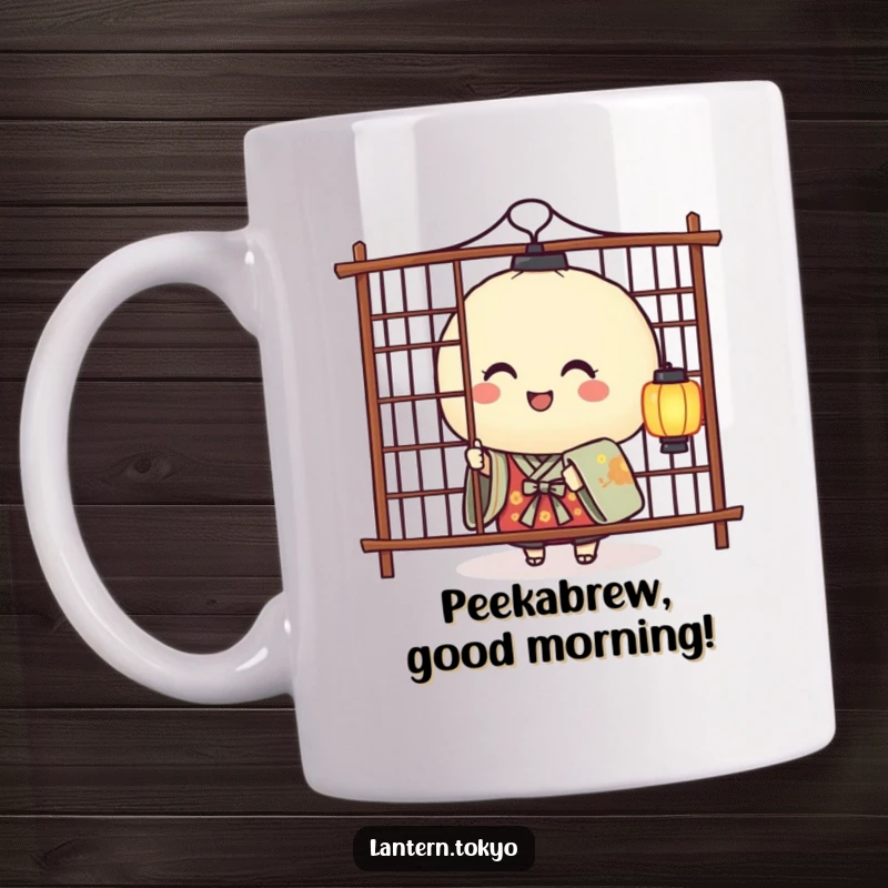 Funny mug with a smiling rice ball lantern in a kimono playfully peeking from behind a decorative screen, inviting interaction.