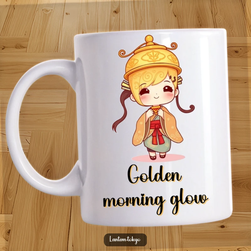 Funny golden lantern with intricate designs gently swaying in a kimono, ceramic coffee mug, elegant and humorous.