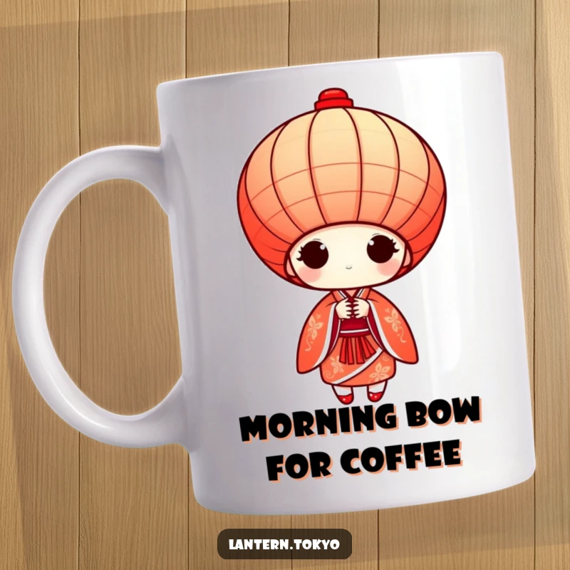 Funny red conical lantern in a detailed kimono bowing gracefully, ceramic coffee mug, perfect for a morning laugh.