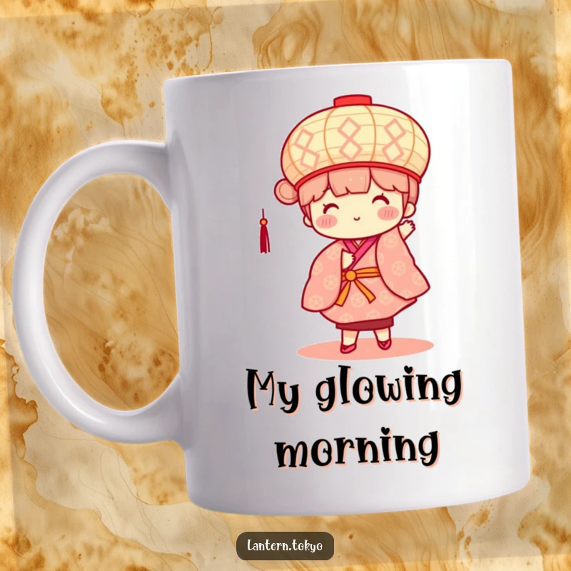 Funny mug with a square, patterned lantern character with rosy cheeks, happily dancing in a colorful kimono.