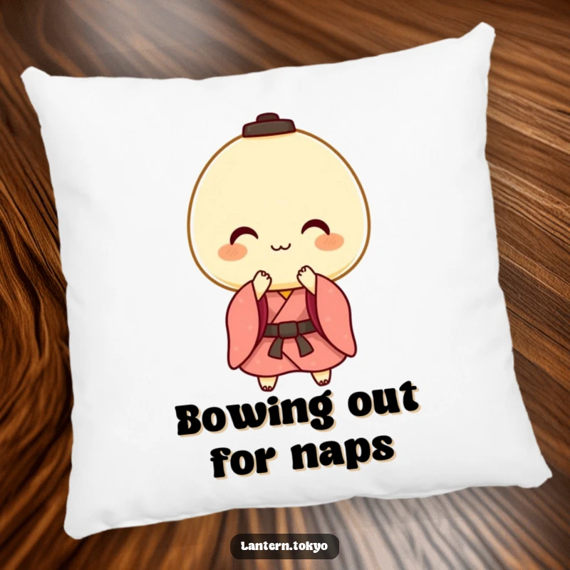 Funny pillow featuring a cheerful mochi lantern in a kimono performing a gentle bow, offering cozy companionship and a polite welcome.