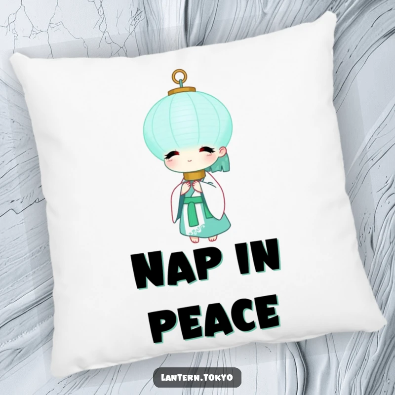 Funny Teal Lantern Pillow featuring a serene teal lantern in a flowing white kimono, providing soft comfort and humorous peace. A perfect funny gift.