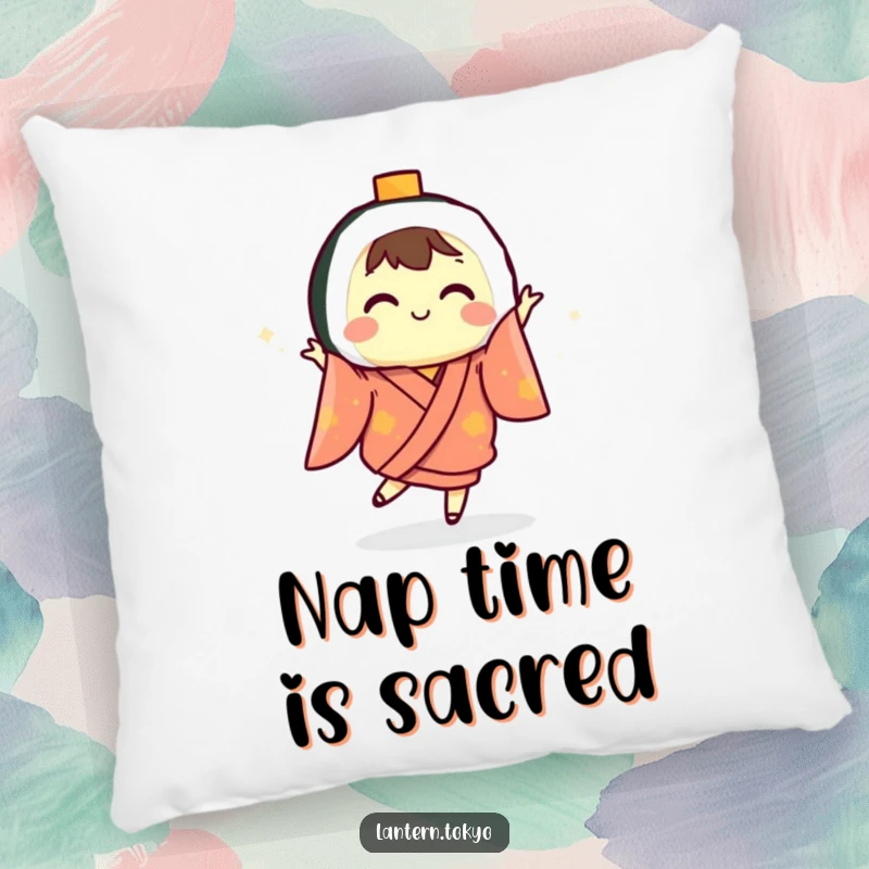 Funny sushi lantern in a kimono doing a lively dance, featured on a plush pillow for humorous and comfortable home decor.