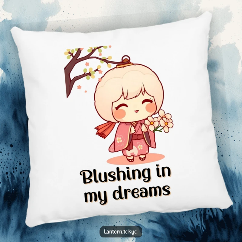 Funny pillow featuring a blushing dango lantern in a kimono offering a delicate flower, providing cozy companionship and sweet affection.