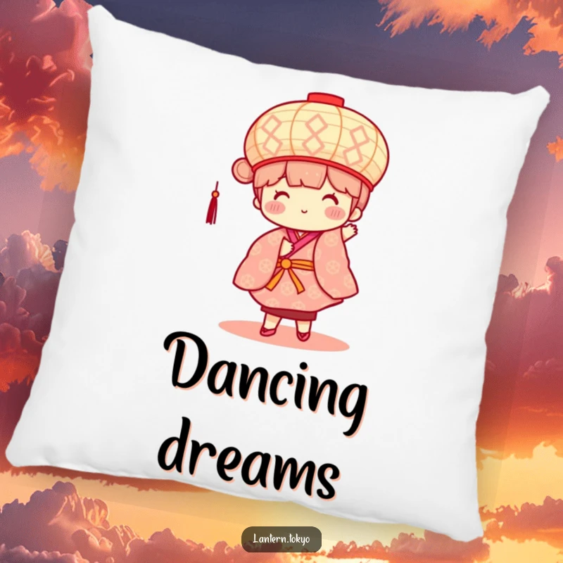 Funny pillow showing a square, patterned lantern with rosy cheeks, happily dancing in a kimono.