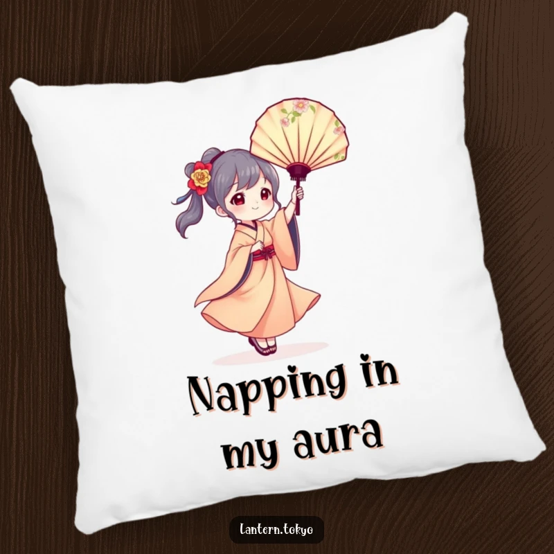 Funny pillow featuring a lantern character in a flowing kimono elegantly twirling a floral fan, adding artistic grace to any room.