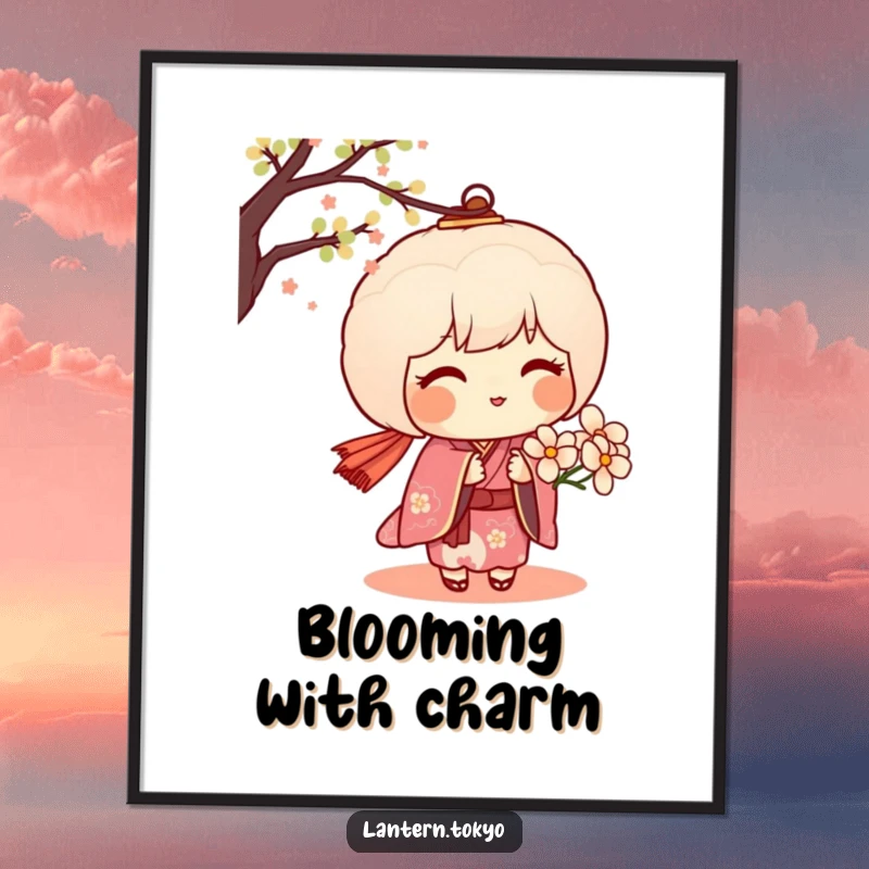 Funny digital art of a blushing dango lantern in a kimono offering a delicate flower, perfect for creating a sweet and tender atmosphere.