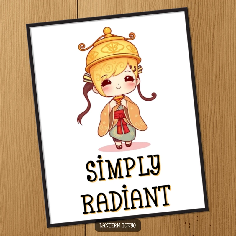 Funny golden lantern with intricate designs gently swaying in a kimono, printable digital art for instant elegant and humorous decor.