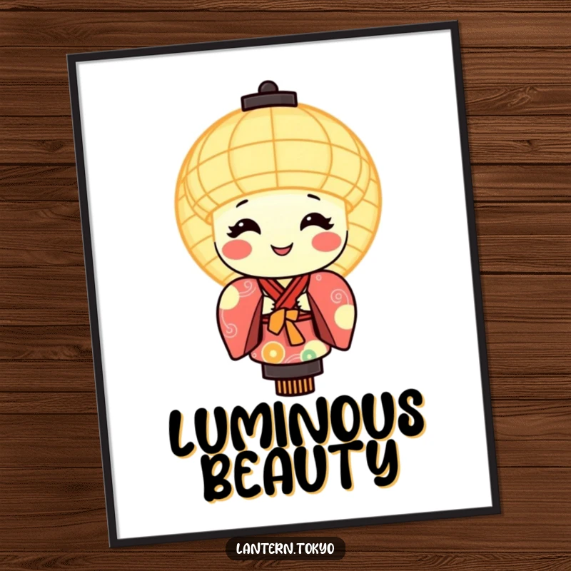 Funny digital art print of a smiling, glowing lantern character in a colorful kimono, ready for framing.
