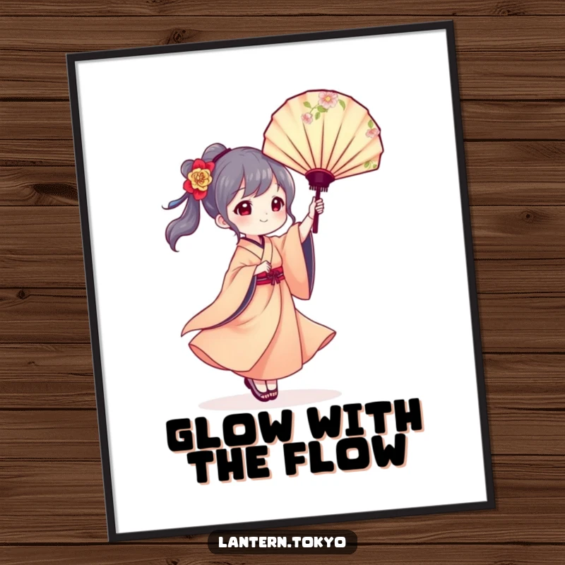 Funny digital art of a lantern character in a flowing kimono gracefully twirling a floral fan, creating an aura of artistic beauty.