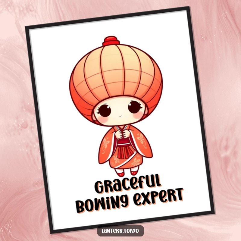 Funny red conical lantern in a detailed kimono bowing gracefully, printable digital art for instant humorous wall decor.