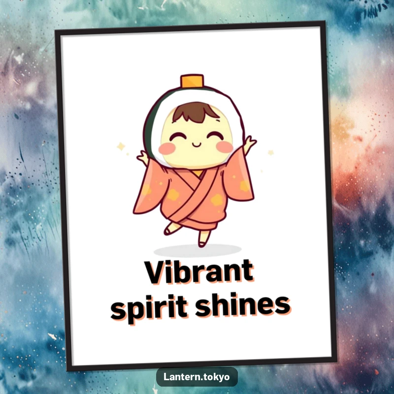 Funny sushi lantern in a colorful kimono dancing energetically, available as a digital art print for immediate humorous decoration.