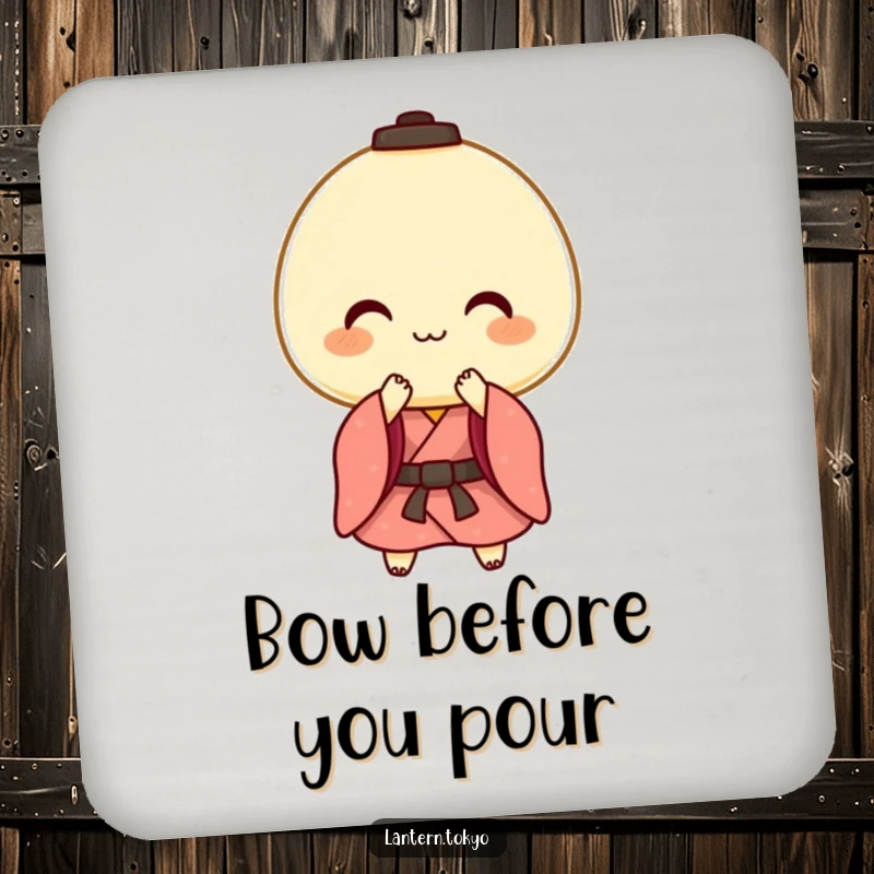 Funny drink coasters with a cheerful mochi lantern in a kimono performing a gentle bow, adding polite humor to any setting.
