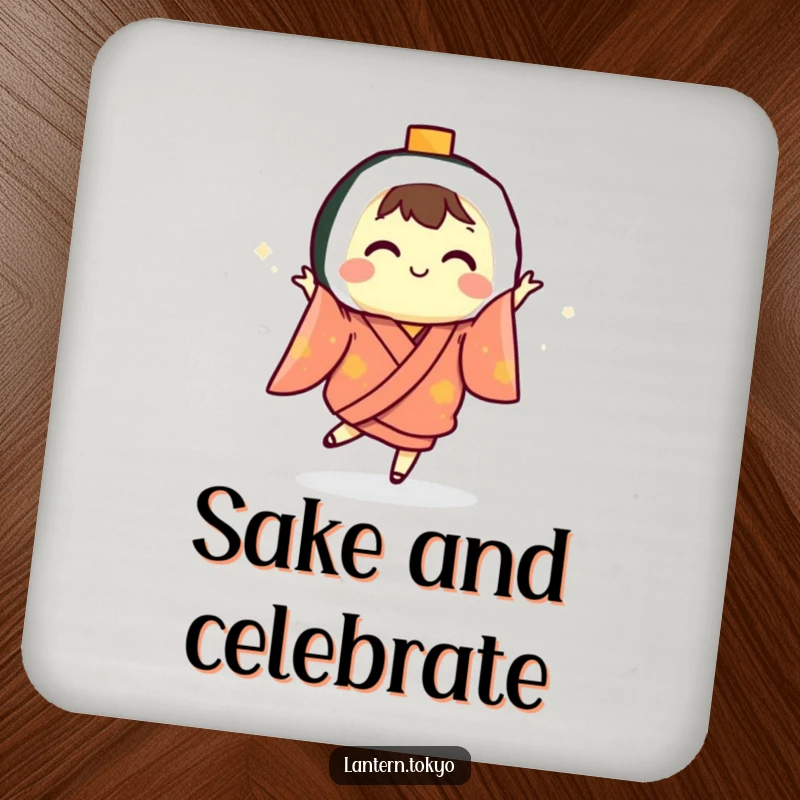 Funny sushi lantern in a kimono dancing, featured on a protective drink coaster for a humorous touch.