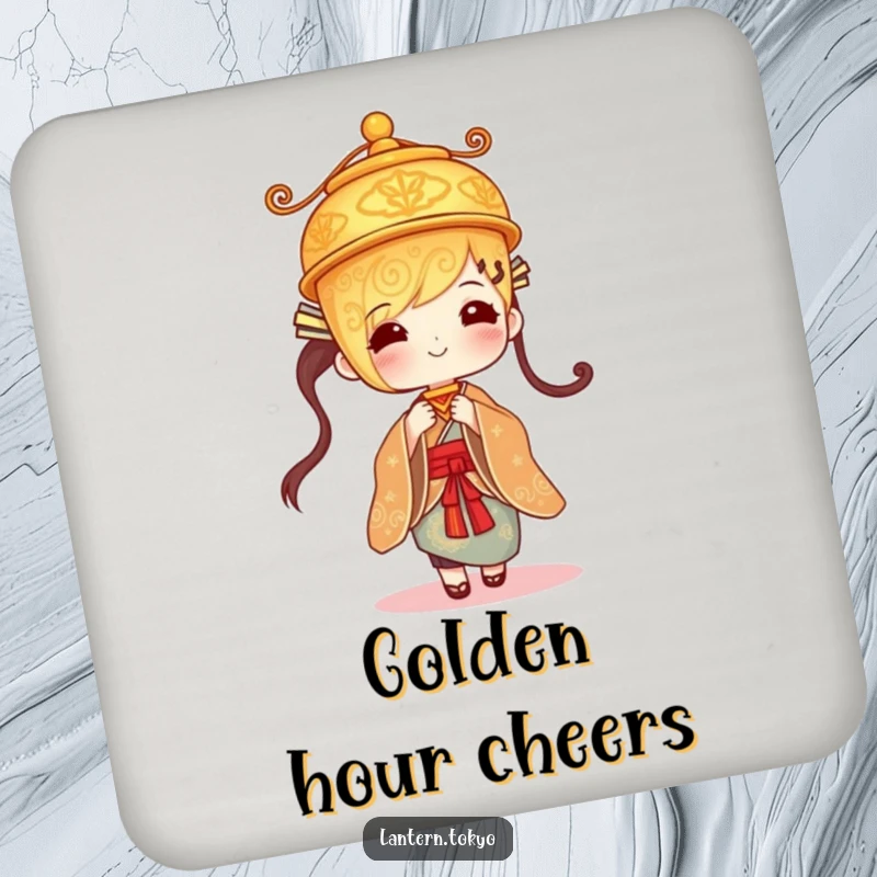 Funny golden lantern with intricate designs gently swaying in a kimono, decorative drink coasters with an elegant, humorous design.