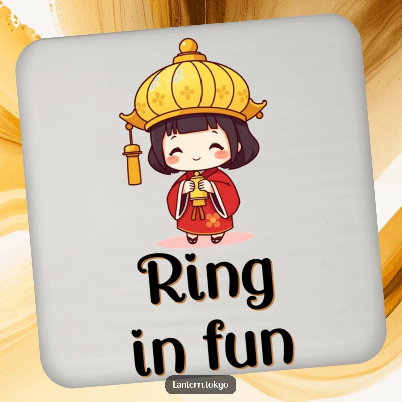 Funny Gold Lantern Coaster with a festive red kimono lantern holding a small bell, adding humorous celebration and surface protection. A perfect funny gift.