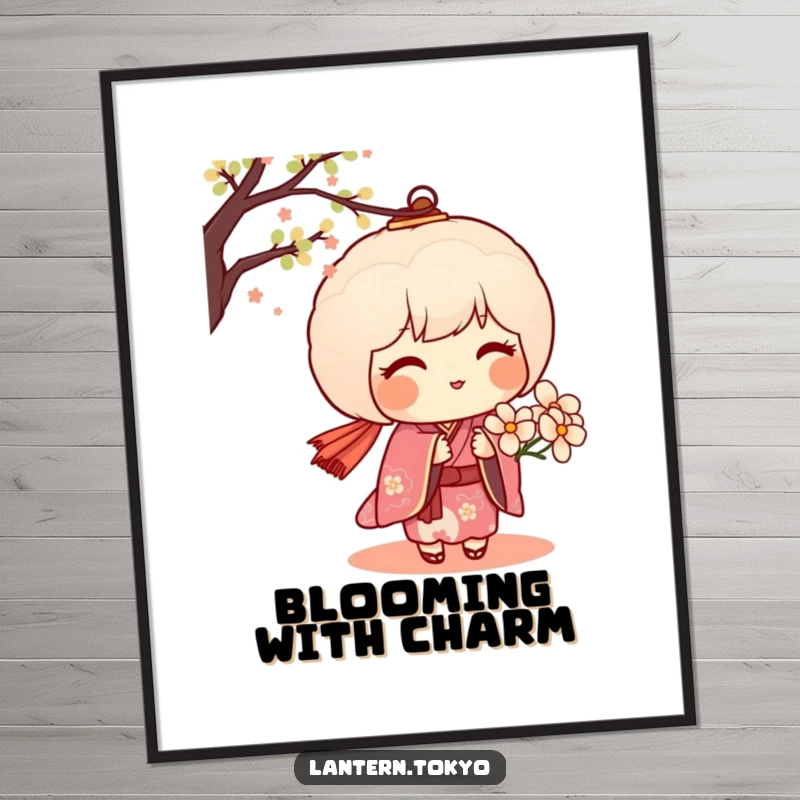 Funny poster art of a blushing dango lantern in a kimono offering a delicate flower, creating an atmosphere of gentle affection and charm.