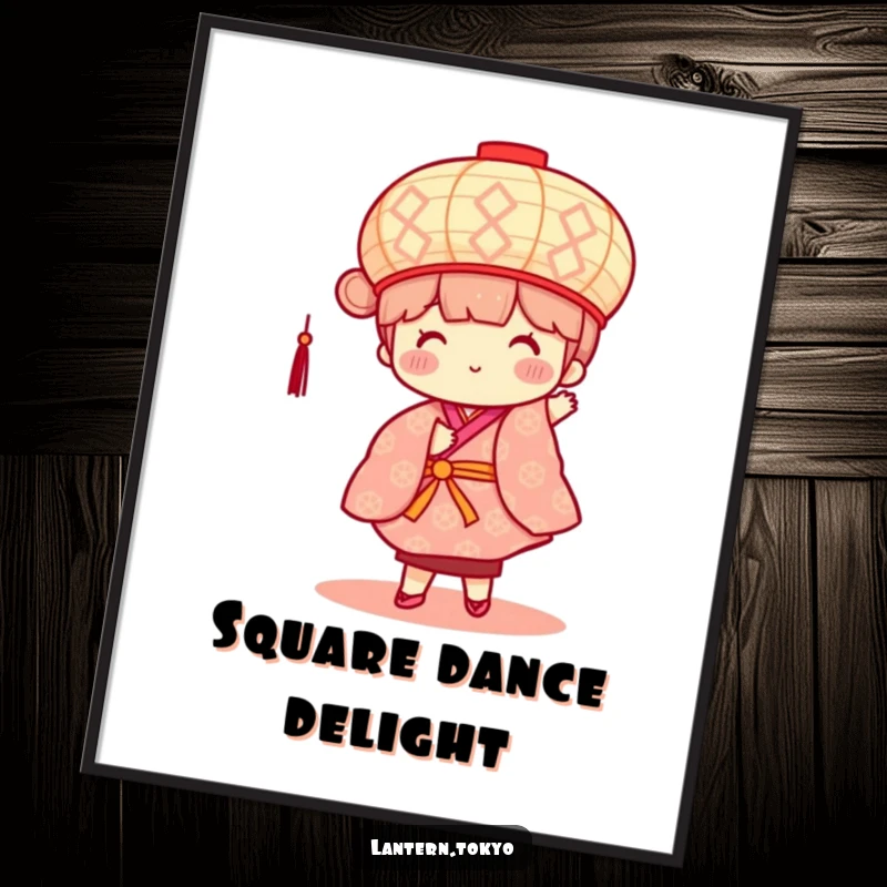 Funny poster art of a square, patterned lantern with rosy cheeks, joyfully dancing in a colorful kimono.