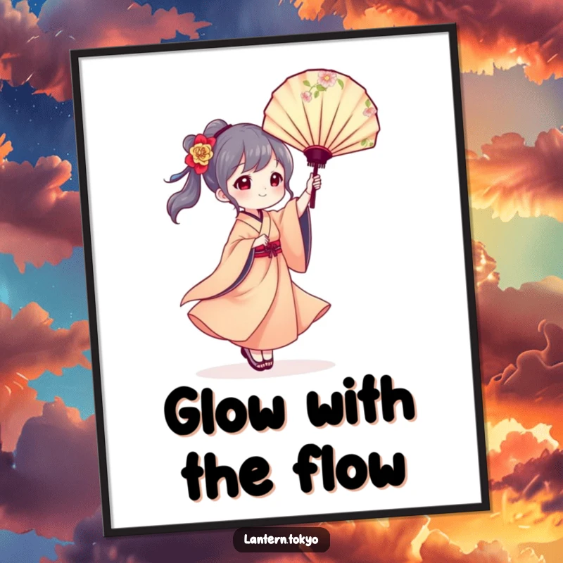 Funny poster art of a lantern character in a flowing kimono gracefully twirling a floral fan, creating an atmosphere of gentle beauty.
