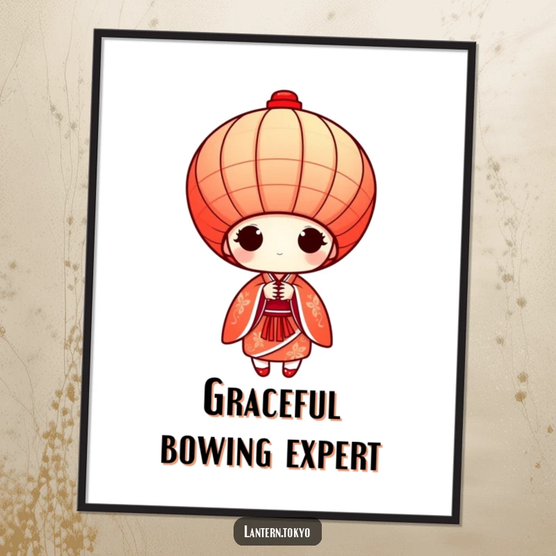 Funny red conical lantern in a detailed kimono bowing gracefully, a captivating poster that adds humor and elegance to walls.