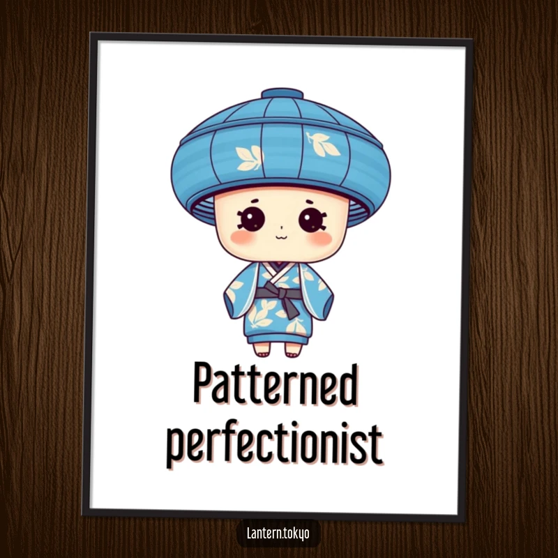 Funny blue cylindrical lantern with leafy patterns wearing a silk kimono, framed by nature-inspired art, humorous wall decor.