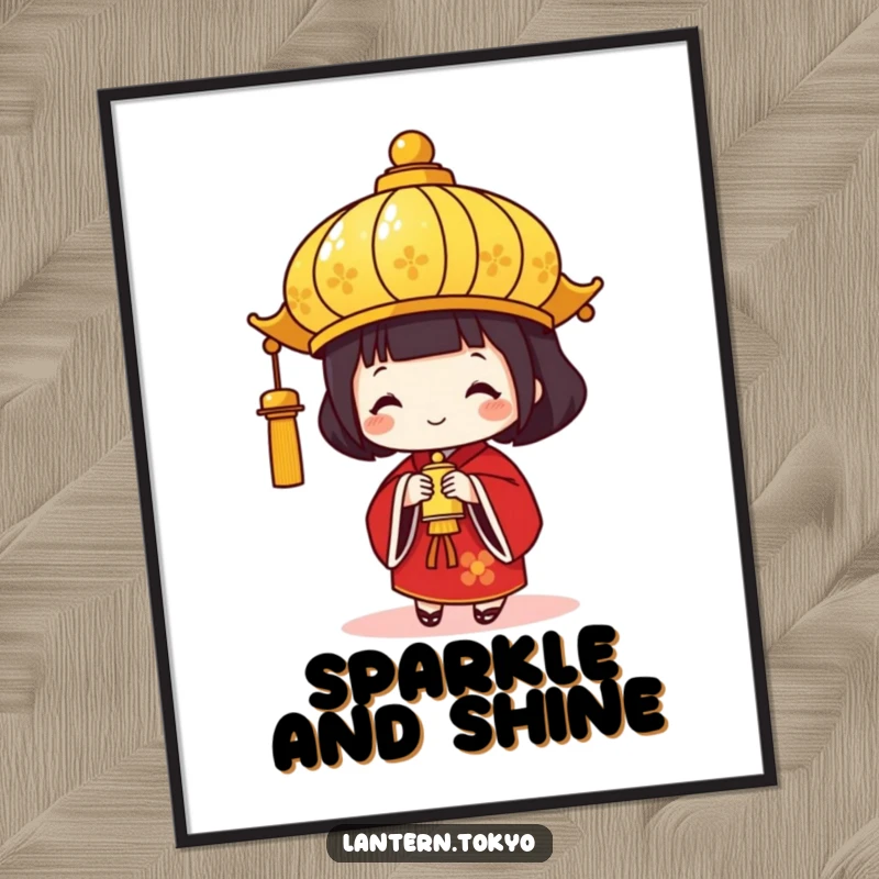 Funny Gold Lantern Poster depicting a festive red kimono lantern holding a small bell, adding humorous celebratory art. A unique funny gift.