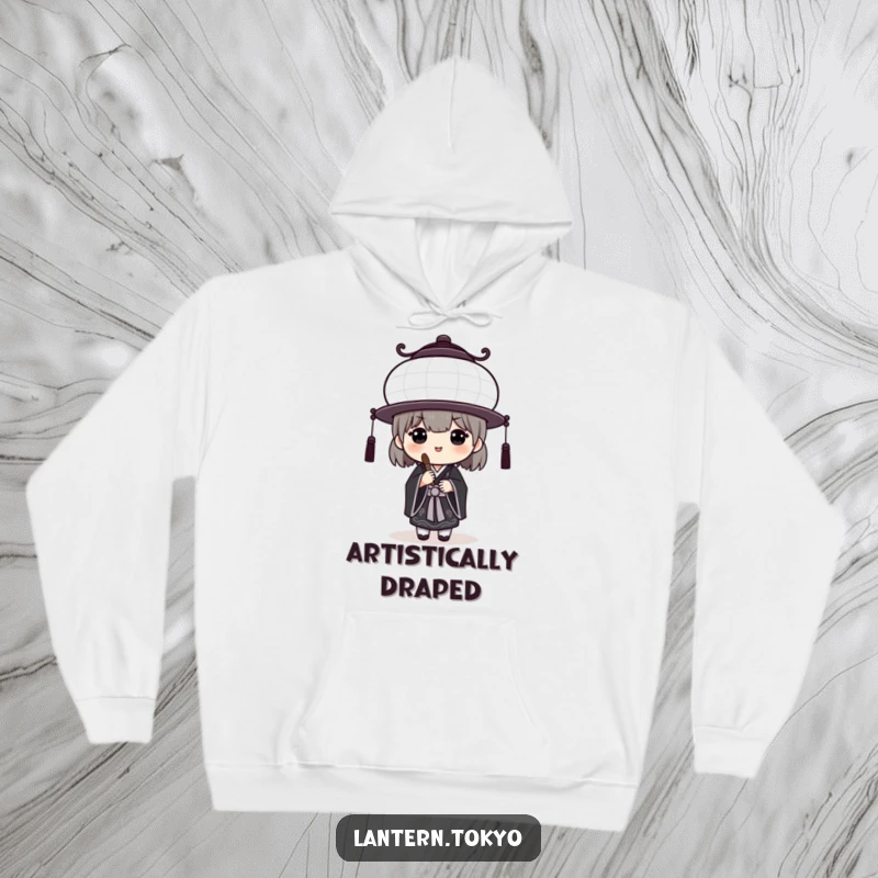 Funny White Lantern Hoodie with a black kimono artist holding a brush, offering warmth and humor. A perfect funny gift for art enthusiasts.