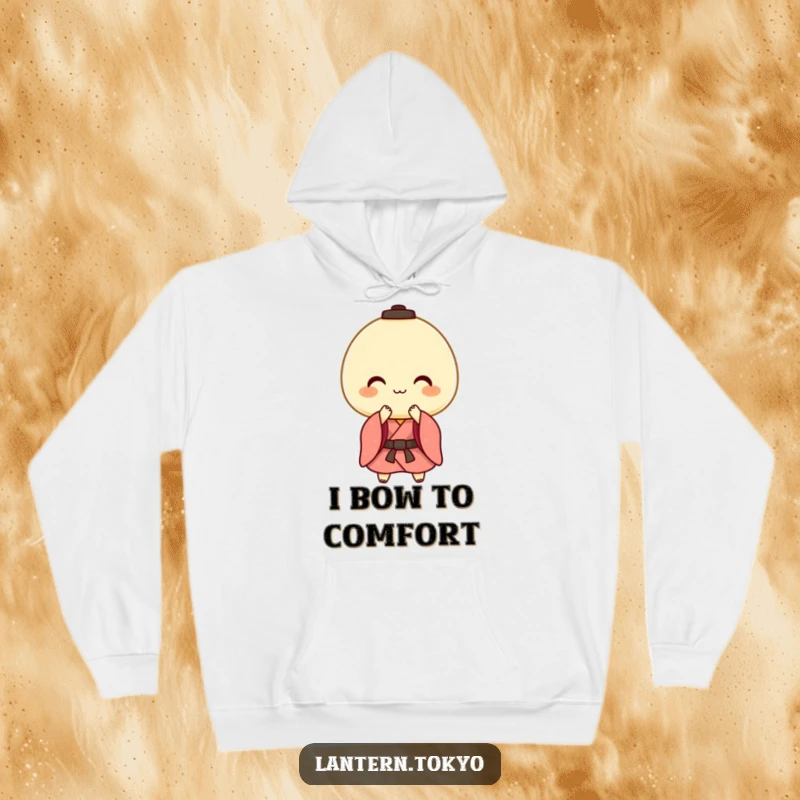Funny hoodie showing a cheerful mochi lantern in a kimono performing a gentle bow, symbolizing politeness and a warm welcome.