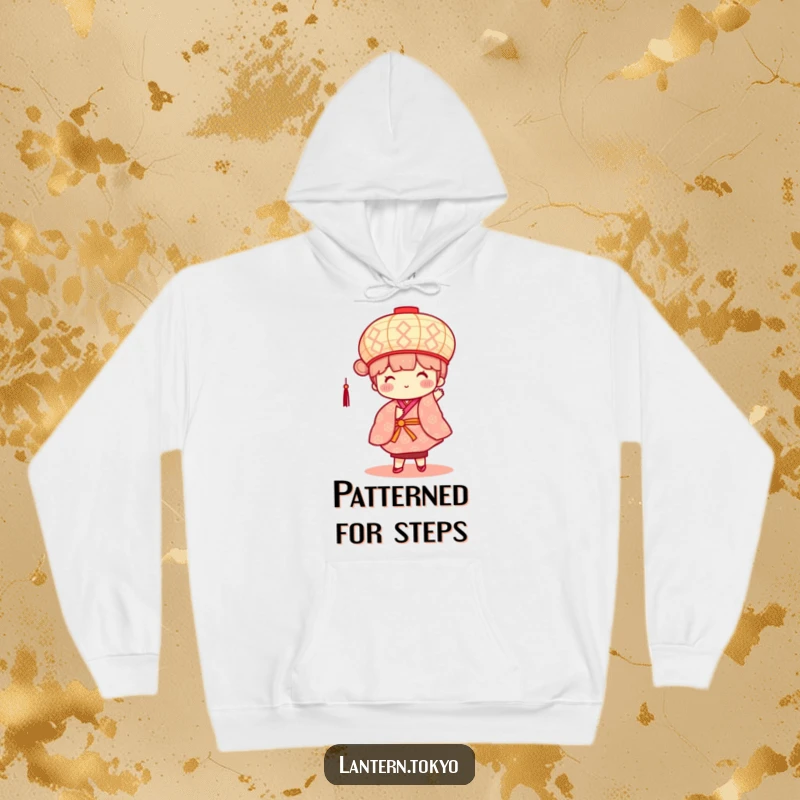 Funny hoodie featuring a square, patterned lantern character with rosy cheeks, dancing with abandon in a kimono.