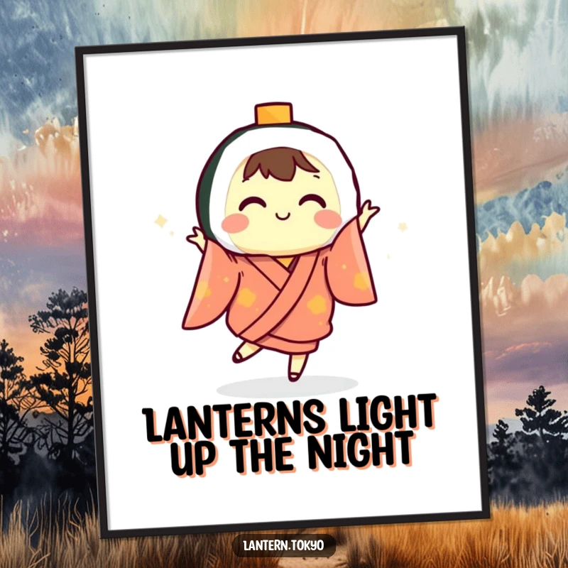 Funny Free Printable Wall Art: A sushi lantern in a kimono performs a lively dance, creating humorous downloadable art.