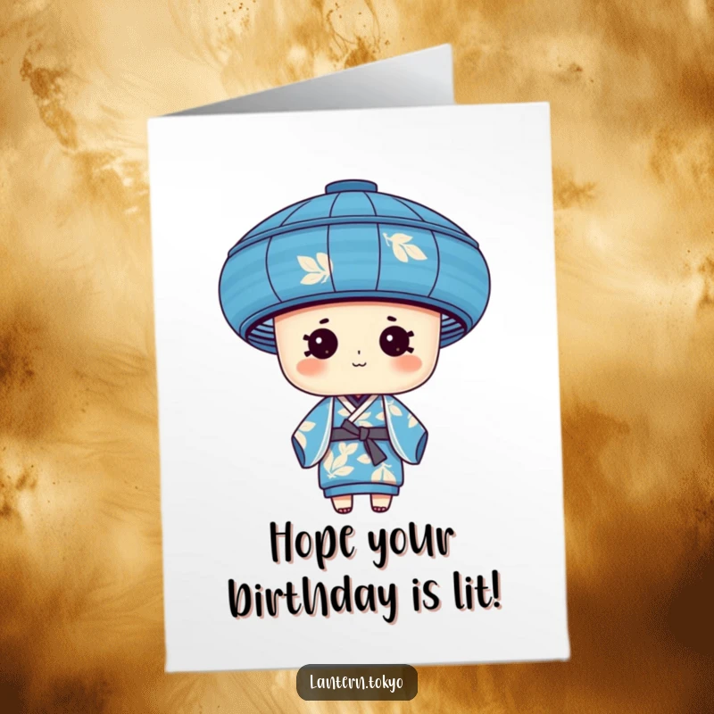 Funny Free Printable Birthday Card: A blue cylindrical lantern in a silk kimono with leafy patterns, a unique downloadable gift.