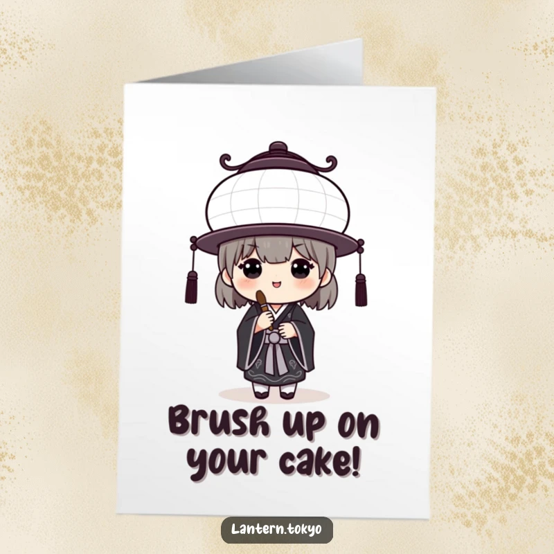 Funny Free Printable Birthday Card: White lantern in black kimono artistically painting a greeting, downloadable humor.