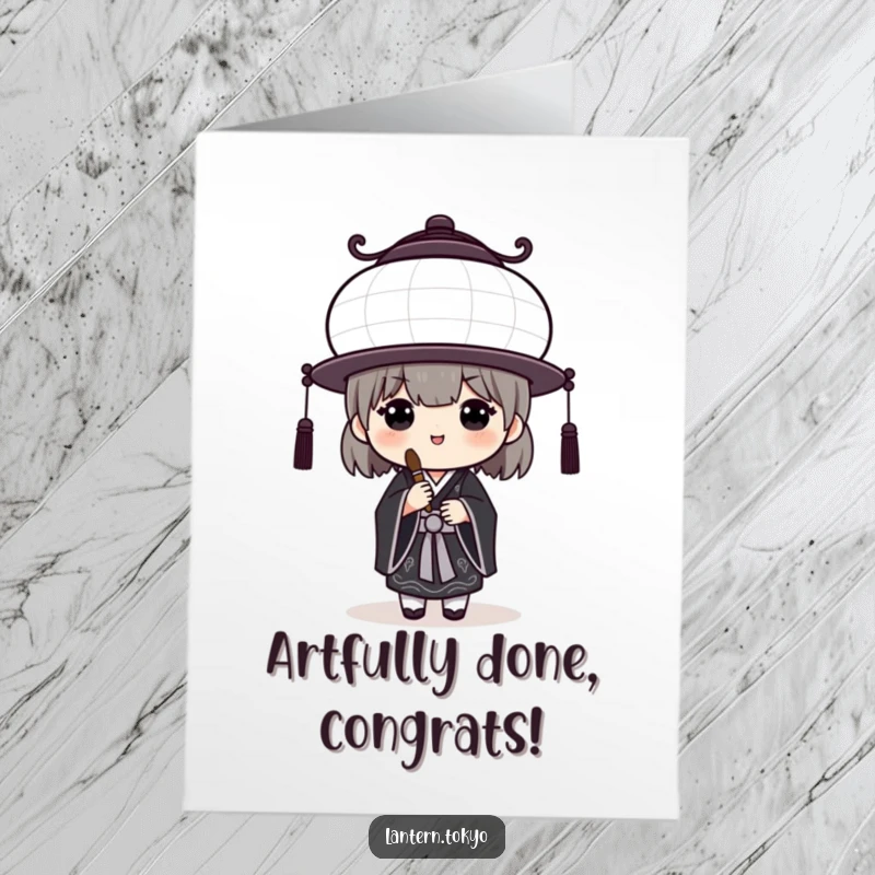 Funny Free Printable Congratulations Card: White lantern in black kimono holding brush, celebrating success with art.