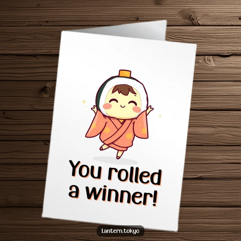 Funny Free Printable Congrats Card: A sushi lantern in a kimono celebrates with a joyful dance, a downloadable art.