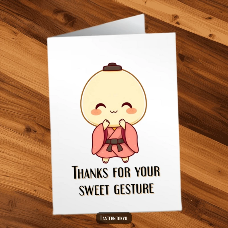 Free Printable Thank You Card: A cheerful mochi lantern in a kimono performs a gentle bow, offering a heartfelt thank you.