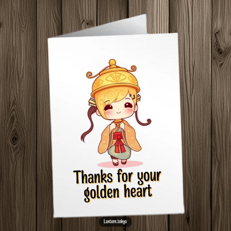 Funny Free Printable Thank You Card: A golden lantern with intricate designs performs a gentle sway in a kimono, a lovely downloadable gift.